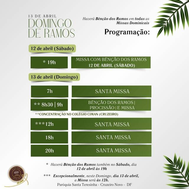 PROGRAMAÇÃO DAS CELEBRAÇÕES DO DOMINGO DE RAMOS | 13 DE ABRIL 