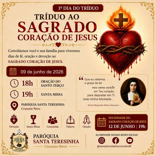1º DIA DO TRÍDUO — 09 DE JUNHO  | SANTO TERÇO - 18H E SANTA MISSA ÀS 19H