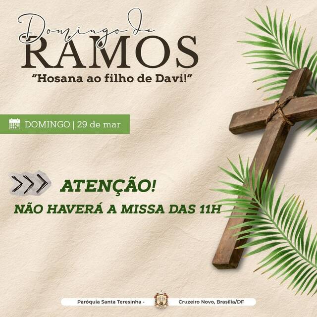 ⚠️ ATENÇÃO! DOMINGO DE RAMOS - 29 DE MARÇO | NÃO HAVERÁ MISSA DAS 11H  