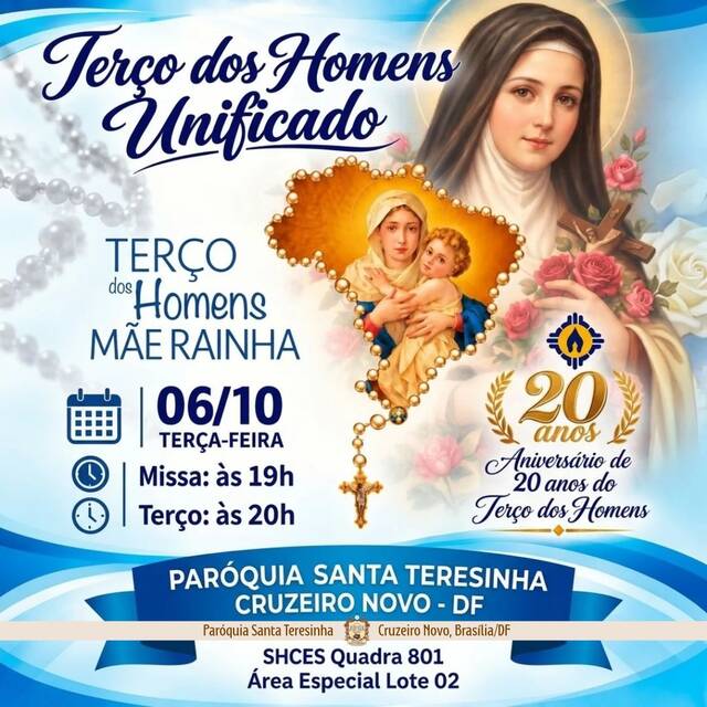 TERÇO DOS HOMENS UNIFICADO - 06 DE OUTUBRO | MISSA ÀS 19H | TERÇO ÀS 20H